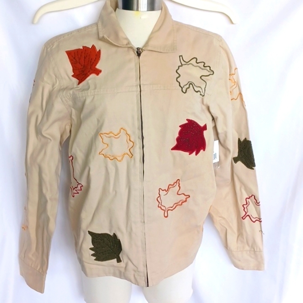 NorthCrest Cream Denim Embroidered Jacket, Fall Theme, 20" PTP, 23"L